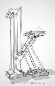 K 手画了3DK的墨水草图纸矢量插图金属草图艺术字母黑色绘画字体阴影收藏小写背景图片