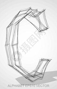 3dc墨水素描 C的矢量插图 手画3DC字体草图坡度金属艺术收藏白色黑色阴影字母设计图片