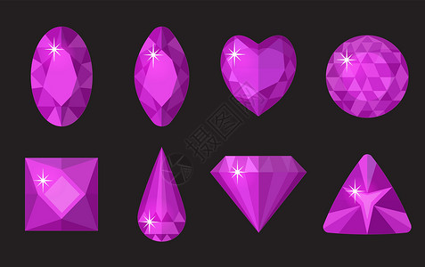 紫色珠宝紫色宝石套装 集合隔离在黑色背景上 不同形状切割的宝石 五颜六色的宝石 逼真的卡通风格 矢量插图剪辑 ar插画