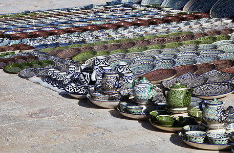 陶瓷器 乌兹别克斯坦商品工艺摊位销售装饰品餐具蓝色黏土旅行工匠艺术高清图片素材