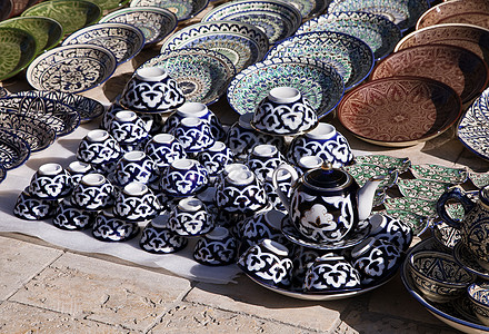 陶瓷器 乌兹别克斯坦陶器茶壶旅行陶瓷手工业商品蓝色销售制品纪念品错综复杂高清图片素材