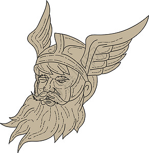 挪威语北欧神奥丁头像绘图插图草图艺术品墨水神话男性胡子上帝男人手绘设计图片