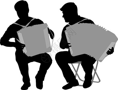 音乐剪影两个音乐家 bayan 在白色它制作图案上的剪影男性手指口琴艺术成人钢琴演奏家音乐竖琴手风琴插画