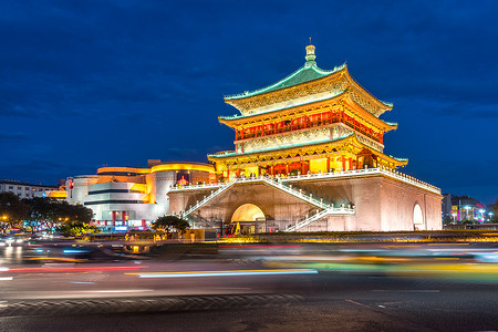 滇重楼Xian钟楼旅行历史性文明建筑学文化吸引力街道旅游首都日落背景