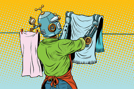 酒店机器人旧机器人员工挂在干衣服上插画