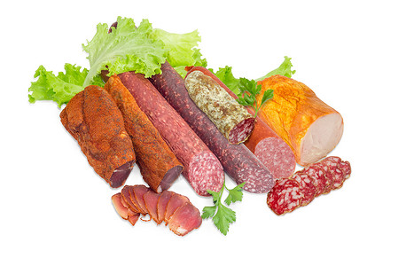 各种菜熟肉产品 有浅背景的绿菜高清图片