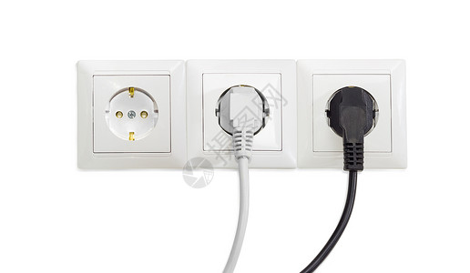 三个白色插座入口 有两个连接相应电源的白色插座高清图片