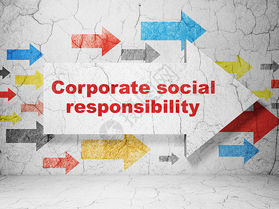业务概念箭头与垃圾墙背景上的企业社会责任背景图片