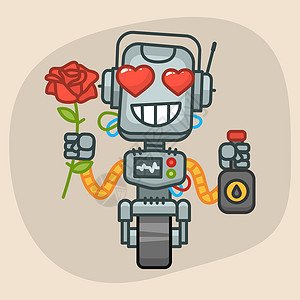 机器人拿着油和玫瑰花背景图片