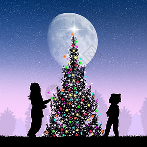 圣诞树周围的孩子们庆典快乐月亮松树插图家庭背景图片