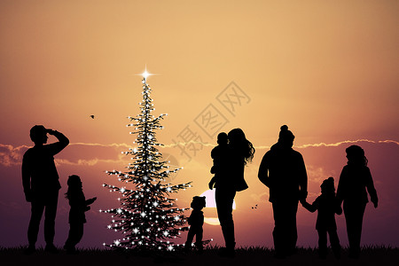 人庆祝圣诞节的人庆典家庭孩子们快乐月亮松树插图背景图片
