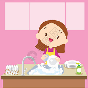 厨房洗涤可爱的女孩Dish洗插画