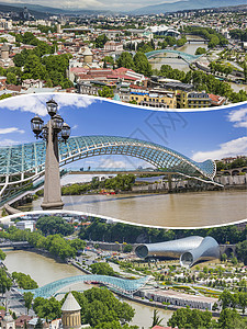 第比利斯格鲁吉亚图像拼合     旅行背景拼贴画全景城市中心景观三位一体建筑学吸引力地标堡垒背景图片
