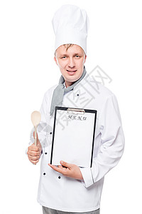 具有丰富经验的厨师 用空白表格记录菜单 a高清图片