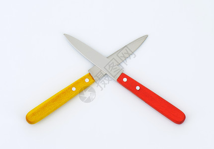 两把厨房刀用具刀刃炊具黄色红色背景图片