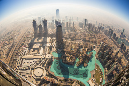 迪拜天际线从阿拉伯联合酋长国迪拜哈利法塔鸟瞰迪拜市中心旅游地标街道建筑喷泉天际全景景观市中心场景背景