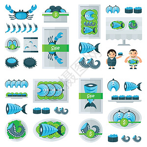 新鲜海鲜信息图表蓝绿色科罗拉多蓝色市场蜗牛壳类收藏白色棕色卡通片贝类动物背景图片