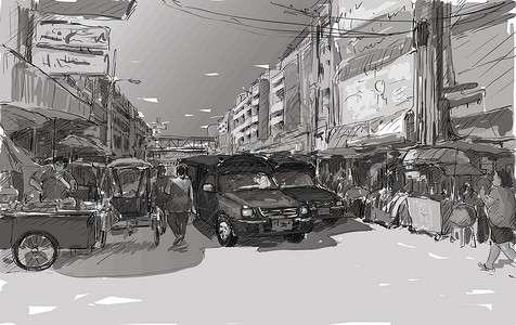 泰国水上集市素描清迈的城市景观泰国秀红车当地 tra地平线文化建筑团体旅游运输绘画街道店铺明信片设计图片