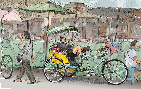 老物件之自行车泰国清迈素描城市景观展示当地三轮车明信片草图文化街道旅游车辆运输插图地平线自行车设计图片