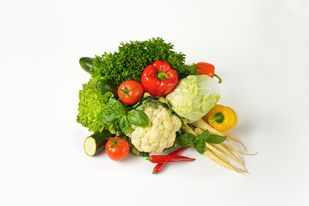 各种新鲜的蔬菜辣椒黄瓜食物胡椒香菜高架菜花背景图片