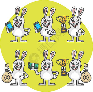 抱着包兔子兔子拿着手机杯钱集字符设计图片