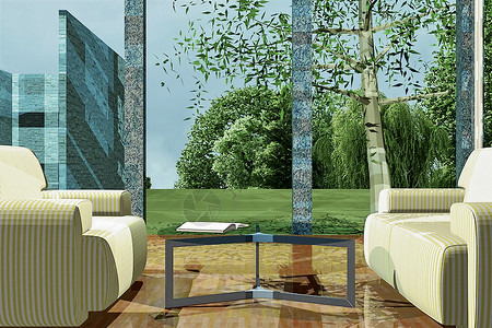 现代客厅奢华住宅橙子窗户花园别墅沙发建筑学树木天空背景图片