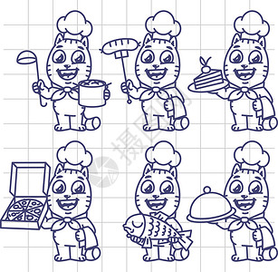 毛巾蛋糕包含各种对象的 Spetch 套样卡字符主厨插画
