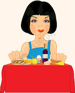 桌子上的女孩热菜瓶子产品面包白色插图水果女士食物酒精插画
