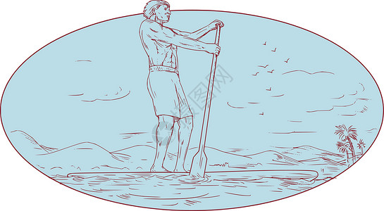冲浪板图Guy 站起来划船热带岛屿横幅图木板伙计男人男性日落桨板海洋画线冲浪板艺术品插画
