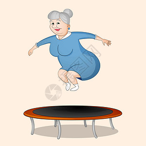 妇女跳跃在蹦床上卡通片空气运动祖母插图奶奶喜悦玩具微笑剪贴背景图片