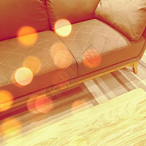 橙色绚丽感光效在客厅用橙色沙发照亮了Bokeh灯光背景