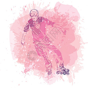 轮滑滑冰少年轮滑  Grunge 趋势手工制作的飞溅背景速度运动闲暇竞赛杂技活动演员青少年城市滚筒插画