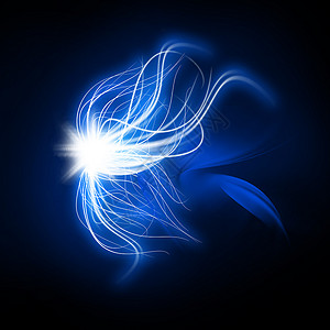 明亮的抽象光形分形与发光粒子蓝色曲线光学活力流动元素线条波浪耀斑运动背景图片