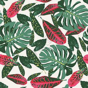红色情调带热带树叶的无缝模式插图打印叶子纺织品天堂棕榈异国墙纸绿色丛林插画