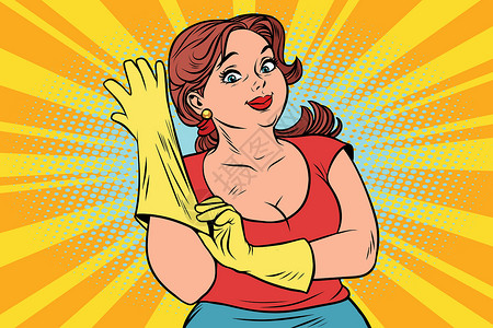 美丽的手套参加橡胶手套清洗的妇女插画