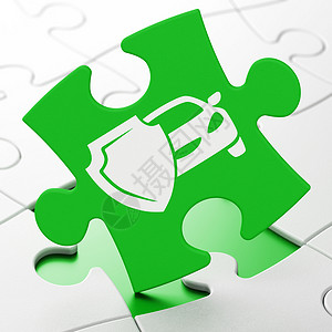 保险概念车和盾牌拼图背景财产挑战保险人事故3d游戏风险汽车解决方案绿色背景图片