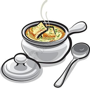 长柄厨勺汤勺子法国洋葱汤美食油炸面包午餐勺子盘子插图食物面包块烹饪插画