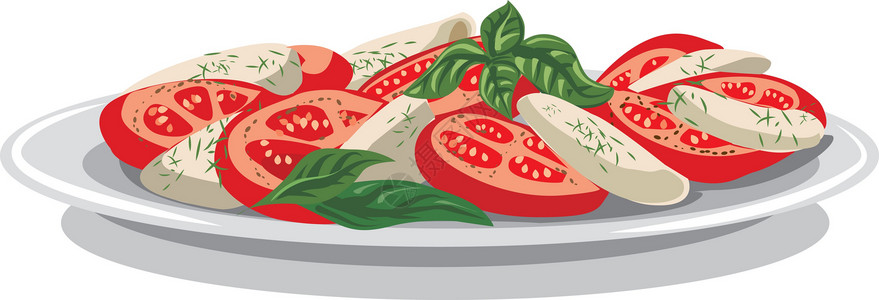 菠菜和西红柿配有色拉马扎里拉沙拉餐厅绿色美食意大利语白色蔬菜草本植物插图食物午餐插画