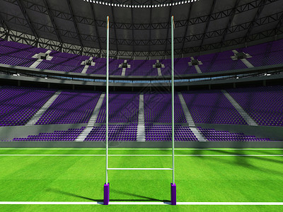 体育场竞技场3D制成圆形橄榄球场 配有紫色座位和贵宾箱会场盒子天空场地娱乐运动渲染竞赛3d蓝天背景