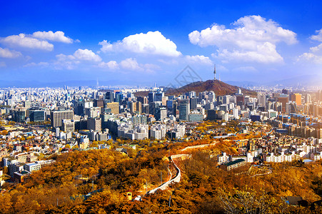 景福宫秋天韩国首尔市景和首尔塔 秋天背景