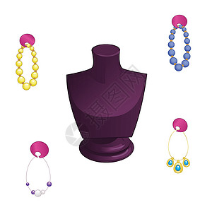 紫色宝石项链以带有珠子和耳环的女性半身像的形式展示设计图片