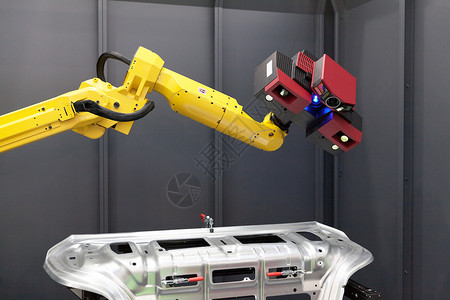 机器人臂和3D扫描仪 自动扫描控制电脑模拟工程测量光学传感器相机技术手臂质量高清图片素材