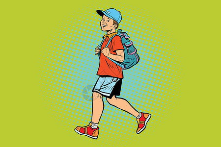 背着背包的男学生去上学或 Hikin背景图片