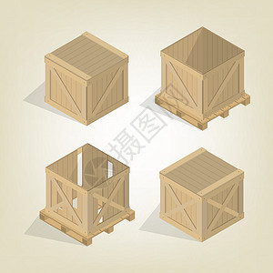 包装木箱逼真的木箱与托盘图调色板仓库船运货物商品木板插图加载木头纸板插画