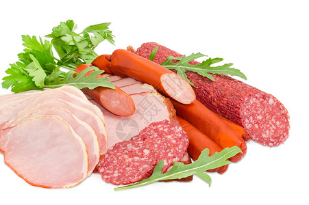 猪窝 火腿 香肠和带绿菜的狩猎香肠肉制品产物猪排鱼片植物食物蔬菜熟食猪肉煮沸背景图片