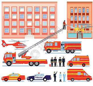 紧急事故设备救援服务消防队和救护救护车 插图插画