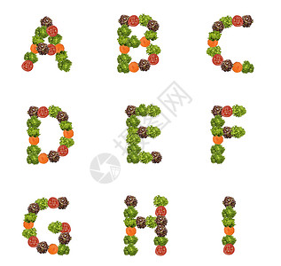 番茄味字体以蔬菜为单位的字母食物水果收藏橙子公司黄瓜字体维生素绿色白色背景
