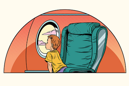 窗外飞机白人男孩乘客在客机上望窗外看插画