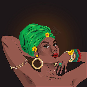 非洲裔美国黑人美女肖像与花卉装饰 它制作图案矢量皮肤头巾成人女士女孩插图治疗配件艺术化妆品插画