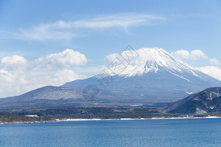 Motosu湖和藤山湖太阳公吨蓝色火山天空风景反射波纹旅行森林背景图片